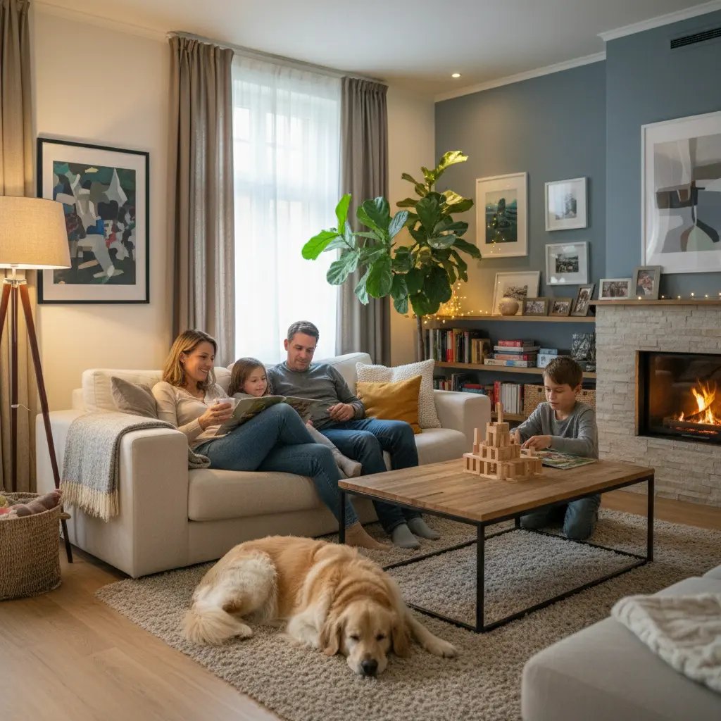 Famille sereine dans son salon en Belgique